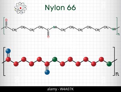 Nylon 66 oder Nylon Molekül. Es ist Kunststoff Polymer. Strukturelle chemische Formel und Molekül-Modell. Blatt Papier in einem Käfig. Vector Illustration Stock Vektor