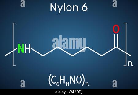 Nylon 6 oder polycaprolactam Polymermolekül. Strukturelle chemische Formel auf dem dunkelblauen Hintergrund. Vector Illustration Stock Vektor