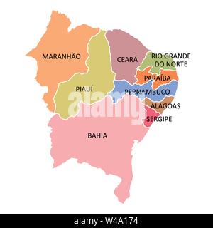 Brasilien Region Nordost Karte auf weißem Hintergrund Stock Vektor