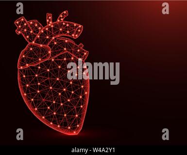 Herz mit aorta und Venen Low-Poly Modell, menschliche Organe abstrakte Grafiken, Anatomie polygonalen Drahtmodell Vector Illustration auf Dunkelroten Hintergrund Stock Vektor