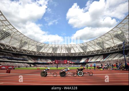 London, Großbritannien. 21. Juli, 2019. Die mens T 53/54 800 m Rollstuhl Athleten Rennen unter schöne Himmel auf dem Londoner Olympiastadion. Jahrestag Spiele Leichtathletik. London Stadion. Stratford. London. UK. Kredit Garry Bowden/SIP-Foto Agentur/Alamy Leben Nachrichten. Credit: Sport in Bildern/Alamy leben Nachrichten Stockfoto