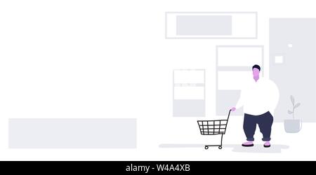 Fett Übergewicht Mann drücken Trolley Warenkorb Kauf von Produkten in Lebensmittelgeschäft essen Shopping Konzept modernen Supermarkt Innenraum Skizze horizontale voll Stock Vektor