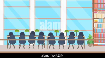 Moderne Bibliothek Innenraum leer keine Menschen Buchhandlung mit bücherregale runde Tisch und Stühlen waagrechten Banner Stock Vektor