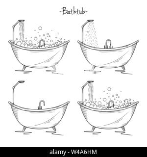 Satz verschiedene Bäder mit Schaum, Dusche, Ente. Skizze stil Vector Illustration. Stock Vektor