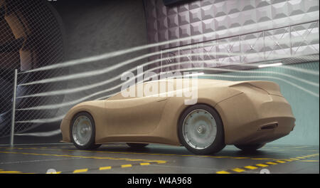 3D-Darstellung. Ton Auto innen Wind tunnel. Design ohne echten Auto Referenz und ohne Copyright. Konzept Sport Auto, Industrie. Stockfoto