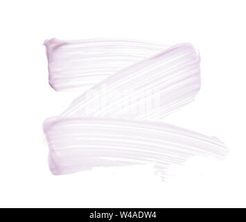 Sanft rosa Anschläge und die Textur von Face Cream oder Acrylfarbe auf weißem Hintergrund Stockfoto