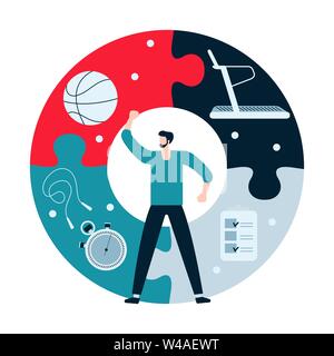 Vector Illustration mit Mann, Puzzle, Laufband, Seil springen, Stoppuhr, Basketball Ball, Checkliste. Sport. Training für Wellness, Aktivität. Gesundes Leben Stock Vektor