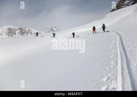 Wandern Ski Tour Kletterer in Altay hohe Berge. Sibirien. Russland. Stockfoto