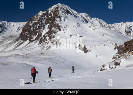 Wandern Ski Tour Kletterer in Altay hohe Berge. Sibirien. Russland. Stockfoto