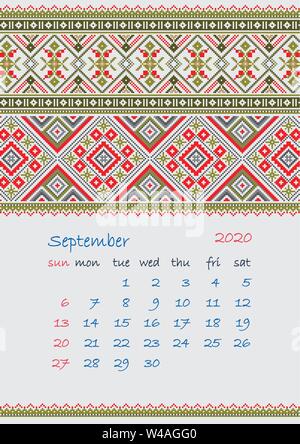 2020 Seite von Kalender Planer mit ethnischen Kreuzstich ornament Woche beginnt am Sonntag September Monat Sammlung von Balto-Slavic Ornamente Vektor illu Stock Vektor