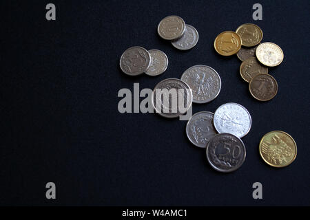 Sammlung Polnischer Münzen Zloty und groszy auf schwarzem Hintergrund mit einer Kopie Raum isoliert Stockfoto