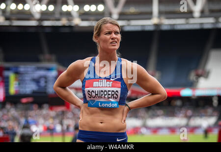 London, Großbritannien. 21. Juli, 2019. Dafne Schippers (NED) 4. in 100 m der Frauen heizt (11.15) während der MŸller Jubiläum Spiele London Grand Prix 2019 bei den Olympischen Park, London, England am 21. Juli 2019. Foto von Andy Rowland/PRiME Media Bilder. Credit: PRiME Media Images/Alamy leben Nachrichten Stockfoto