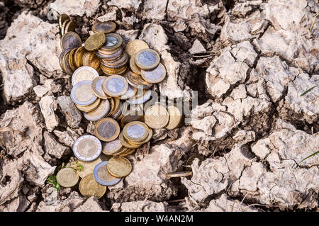 Wie viel hat der Klimawandel? Der Klimawandel führt zu extremen Wetterereignissen, die beträchtliche wirtschaftliche Schäden verursachen. Ein Haufen von Euro-Münzen liegen o Stockfoto