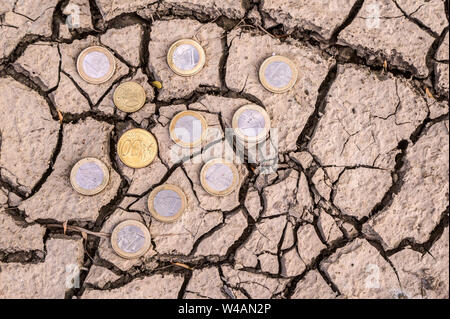 Euro Münzen auf trockenem Boden. Wie viel hat der Klimawandel? Der Klimawandel führt zu extremen Wetterereignissen, die beträchtliche wirtschaftliche Schäden verursachen. Stockfoto