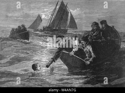 MATTHEW WEBB (1848-1883) erhält eine Flash heißen Kaffee während der Erfolgreichen sein Kreuz Kanal schwimmen im August 1875 Stockfoto