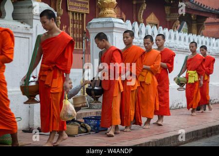 Menschen Almosen, die für Junge buddhistische Mönche auf der Straße in den frühen Morgenstunden vor dem Wat Sensoukaram Tempel in Luang Prabang, Laos. Tak Bat. Stockfoto