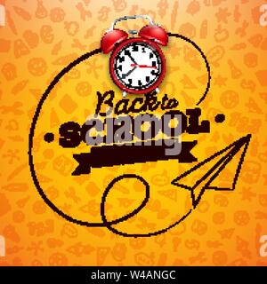 Zurück zu Schule für Gestaltung mit roter Wecker und Typographie auf gelben Hintergrund. Vektor Bildung Konzept Abbildung mit Hand gezeichnet doodles Für Stock Vektor