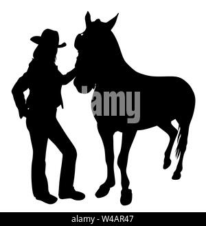 Junge cowgirl stehend mit Pferd Stockfoto