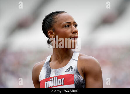 London, Großbritannien. 21. Juli, 2019. Rachel MILLER (GBR) 9. Platz in der Frauen 100 m erwärmt (11.44) während der MŸller Jubiläum Spiele London Grand Prix 2019 bei den Olympischen Park, London, England am 21. Juli 2019. Foto von Andy Rowland/PRiME Media Bilder. Credit: PRiME Media Images/Alamy leben Nachrichten Stockfoto