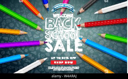 Zurück zu Schule Verkauf Design mit bunten Bleistift und Typografie Buchstabe auf dem Schwarzen Brett Hintergrund. Vector Illustration mit Angebot Elemente für Stock Vektor