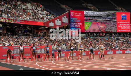 London, Großbritannien. Juli 2019 21. Start von 100 m-Finale der Frauen während der Tag Zwei der Muller Geburtstag Spiele IAAF Diamond League Veranstaltung im Stadion in London am 21. Juli 2019 in London, England. Gary Mitchell/Alamy leben Nachrichten Stockfoto