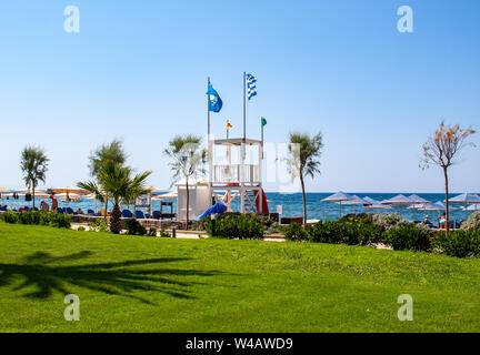 Malia, Kreta, Griechenland - Dezember 18, 2019: Blick auf den Strand von Malia auf Kreta, Griechenland Stockfoto