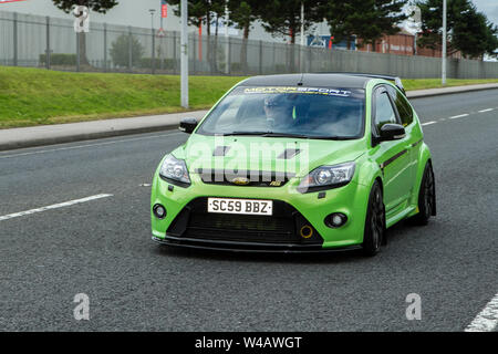 2010 grünen Ford Focus RS in Fleetwood Festival der Transport - Straßenbahn Sonntag 2019 Oldtimer und Fahrzeuge nehmen an der Classic Car Show in Lancashire, Großbritannien Stockfoto