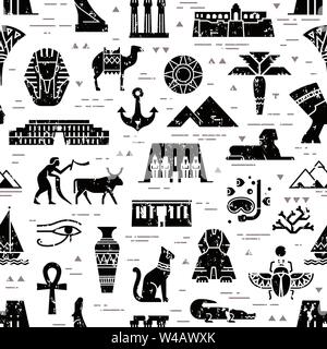 Dunkle nahtlose Muster der Symbole, Wahrzeichen und Anzeichen von Ägypten aus Symbole Stock Vektor