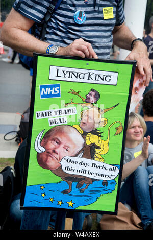 Anti Brexit und Anti-Boris Demonstration am 20. Juli. Eine Demonstrantin hält ein Plakat von Trump und Boris mit der Beschriftung 'Lügen King'. Stockfoto