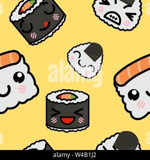 Nahtlose Muster mit niedlichen Kawaii emoji Sushi. Vektor Cartoon Illustration Stock Vektor