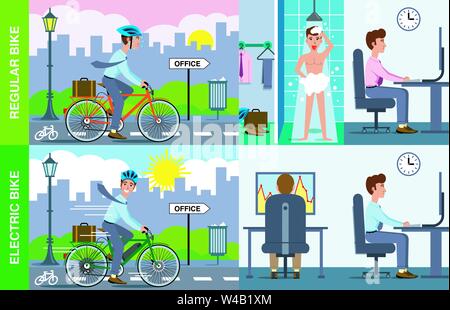 Abbildung: Mann mit normalen Fahrrad zur Arbeit kommen, Duschen und Sitzen im Büro Schreibtisch gegenüber Menschen mit Elektrofahrrad Ankommen im Büro bereit zu arbeiten. Stock Vektor