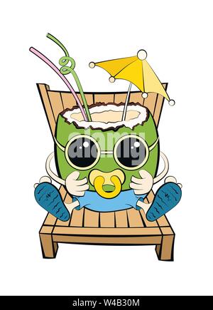Sonnenbaden wenig Coconut auf Sonnenliegen im Sonnenbrille, Spaß, cartoon Vector Illustration, auf weißem Hintergrund. Funky coconut Charakter Stock Vektor