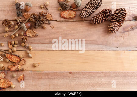 Herbst Hintergrund. Kegel, Eicheln und Stücke Holz auf Holz Hintergrund. Die Aussicht von oben. Stockfoto