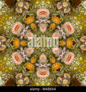 Rosa und gelbe Blumen in eine kreisförmige Design für Hintergründe. Geometrische Kaleidoskop Muster auf der Symmetrieachse gespiegelt Reflexion. Bunte Stockfoto