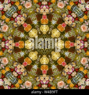 Rosa und Orange Blumen in kreisförmiger Anordnung bei der Hochzeit in Kalifornien. Geometrische Kaleidoskop Muster auf der Symmetrieachse gespiegelt Reflexion. Colo Stockfoto