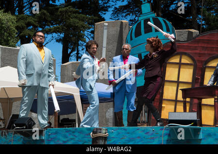 Der San Francisco Mime Troupe setzt auf freie Theater, oft mit politischen Themen. Stockfoto