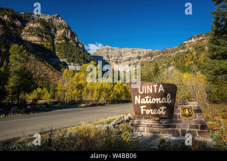 Aspen Grove Eingangsschild, Uinta National Forest, Wasatch Berge, Utah Stockfoto