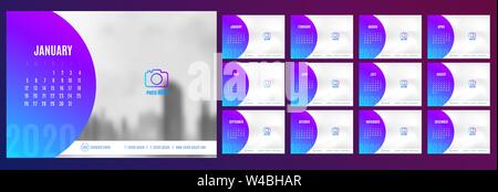 Vector 2020 neue Jahr Kalender planer Vorlage im Farbverlauf Tisch lebendige moderne, in Blau und pueple Farbe, Holiday Event Planner, Woche 12 Monat beginnt Sonntag. Stock Vektor