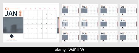 Vector 2020 neue Jahr Kalender planer Vorlage im minimal Tabelle einfachen Stil blau und grau, orange, Urlaub Event Planner, Woche beginnt Sonntag. 12 Monate la Stock Vektor