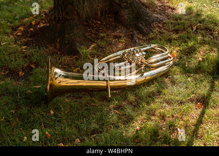 Ein Messing Horn liegt im Gras vor ein Open Air Konzert Stockfoto