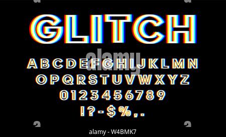 Glitch Font mit Verzerrung 3D-Effekt. Englische Buchstaben, Zahlen und Symbole mit glitch Wirkung. Gelb, Rot und Blau. Stock Vektor