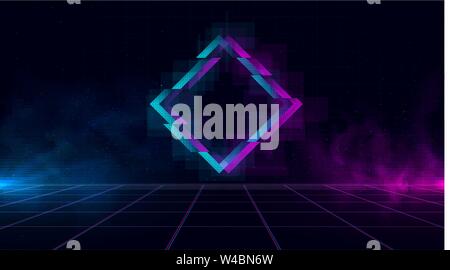 Synthwave vaporwave retrowave cyber Landschaft mit funkelnden glitch Rhombus, Laser Raster, Blau und Violett leuchtet mit Rauch und Rußpartikel. Design für Stock Vektor