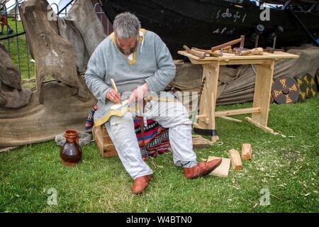 Heysham, Lancashire. Juli 2019 21. Die fantastische Viking Festival mit einem Living History encampment, Parade, Schlacht Re-enactment, Waffen Anzeige, Cr Stockfoto