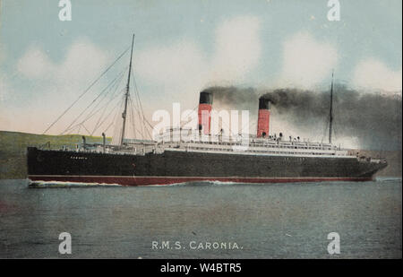 Alte Ansichtskarte ca 1908 der R.M.S. Carona, ein britisches Passagierschiff von Cunard Line mit Volldampf im Besitz Stockfoto