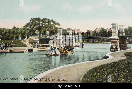 Idyllische Alte Ansichtskarte von Bridge, Lagune und Schwan Boot in den Public Garden in Boston, Massachusetts, USA, ca 1908 Stockfoto