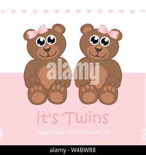 Die Zwillinge Mädchen willkommen Grußkarte für Entbindung mit teddybär Vektor-illustration EPS 10. Stock Vektor