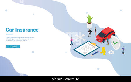 Auto Versicherung Konzept mit Auto und Vertrag Papier mit Team Menschen für Website Vorlage oder Landung homepage und moderne isometrische Flat Style-Vektors i Stockfoto