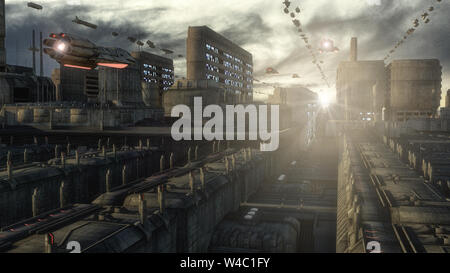 3D-Rendering. Futuristische Stadt und Raumschiffen. Stockfoto