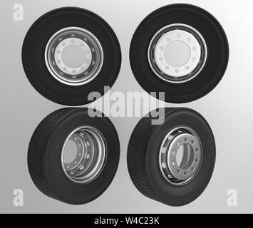 Auf weissem Hintergrund neue Vorderseite Rückseite lkw-Räder mit Schwarz/-Reifen isoliert. Neue Reifen für den gewerblichen Verkehr Lkw. Hochauflösende kommerzielle LKW-Reifen. 3D-Rendering Stockfoto