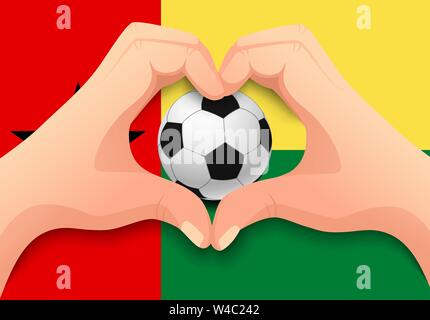 Guinea-Bissau Fahne und Hand Herz Form. Nationale Fußball-Hintergrund. Fußball mit Flagge Guinea-Bissau Vector Illustration Stock Vektor